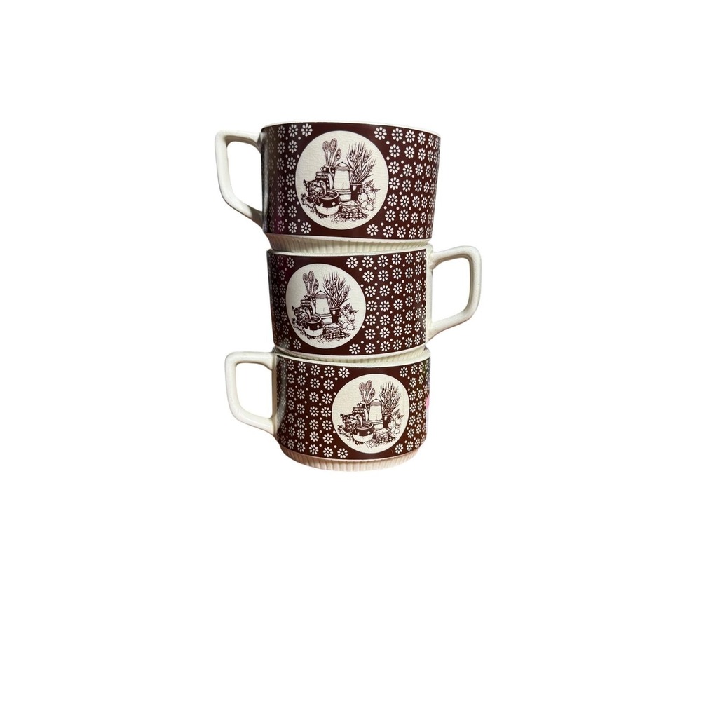 Enesco Country Kitchen ceramic soup mugs  daisy pattern Brown Cream 3 total